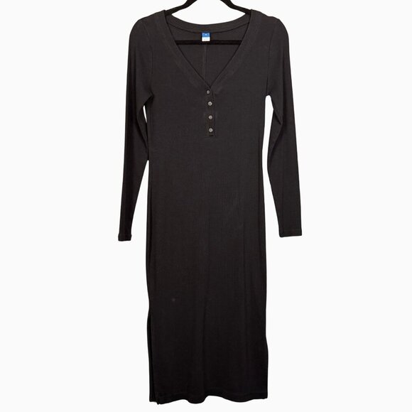 Old Navy Ribbed Black Button Front Midi Dress Medium Long Sleeve Cotton Stretch - Picture 1 of 6